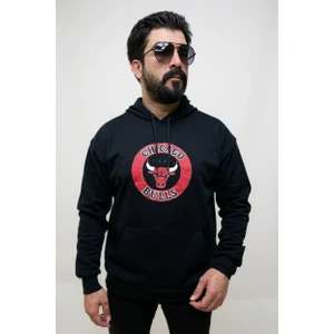 Siyah Kapşonlu Ön Baskılı Erkek Sweatshirt Oversize