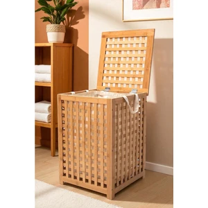 Bambu Çamaşır Sepeti 62x45 cm Kulplu Taşınabilir Bezli DB-0041