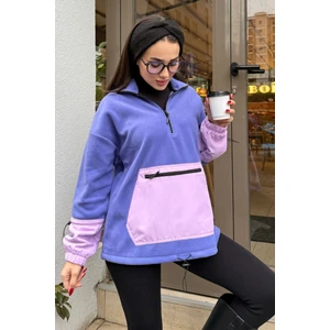Açık Eflatun Etek Ucu Büzgülü Yarım Fermuarlı Oversize Kadın Polar Sweatshirt - 97238