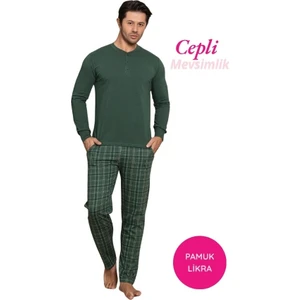 Erkek 3 Düğmeli Ekose Desen Pamuk Likra Mevsimlik Uzun Kol Manşetli Cepli Pijama Takımı