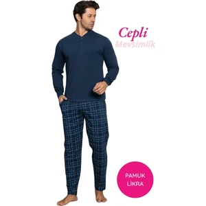 Erkek 3 Düğmeli Ekose Desen Pamuk Likra Mevsimlik Uzun Kol Manşetli Cepli Pijama Takımı