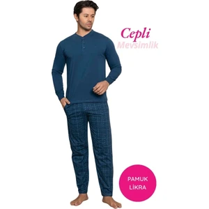 Erkek 3 Düğmeli Ekose Desen Pamuk Likra Mevsimlik Uzun Kol Manşetli Cepli Pijama Takımı