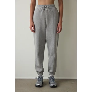 Gri Melanj Orta Bel Çift Dikişli Bağcıklı Oversize Jogger Eşofman Altı