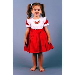 Mini Kiti Kız Çocuk Bebek Fistolu Çiçek Nakışlı Astarlı Vintage Şık Bayram Doğumgünü Özel Gün Kırmızı Elbise