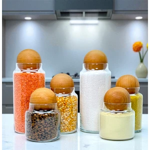 Ahşap Top Kapaklı Cam Saklama Kavanozu Seti 1400 ml 800 ml 500 ml