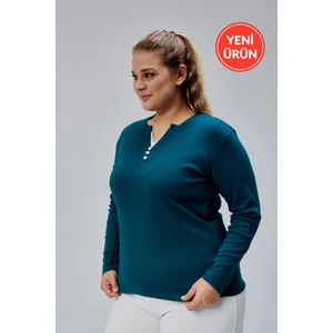 Curve Büyük Beden %100 Pamuklu Likralı Bisiklet Yaka Basic Düz Uzun Kol Yeşil Bluz