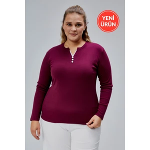 Curve Büyük Beden %100 Pamuklu Likralı Bisiklet Yaka Basic Düz Uzun Kol Mor Bluz