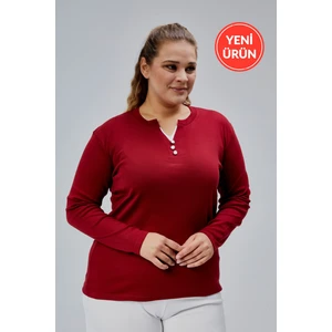 Curve Büyük Beden %100 Pamuklu Likralı Bisiklet Yaka Basic Düz Uzun Kol Bordo Bluz