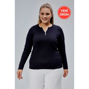 Curve Büyük Beden %100 Pamuklu Likralı Bisiklet Yaka Basic Düz Uzun Kol Siyah Bluz