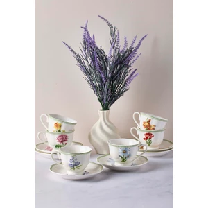 De Flore Çiçek Desenli Porselen Türk Kahvesi Fincan Takımı 6 Kişilik 12 Parça