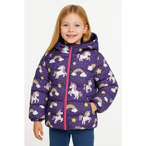 Kız Çocuk Polarlı Kapüşonlu Unıcorn Desenli Kışlık Şişme Mont & Kaban & Parka