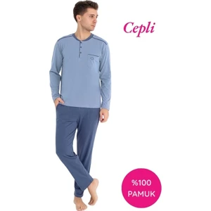 Erkek 3 Düğmeli %100 Pamuk Göğüs Cepli Mevsimlik Uzun Kol Cepli Pijama Takımı