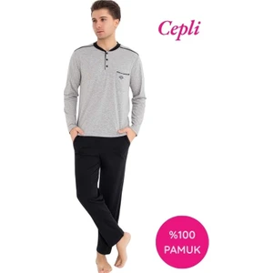 Erkek 3 Düğmeli %100 Pamuk Göğüs Cepli Mevsimlik Uzun Kol Cepli Pijama Takımı