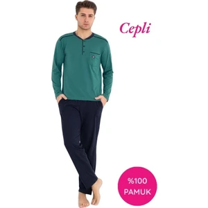 Erkek 3 Düğmeli %100 Pamuk Göğüs Cepli Mevsimlik Uzun Kol Cepli Pijama Takımı