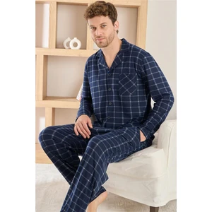 Lacivert Ekose Desenli önden Düğmeli Elegant Erkek pijama takımı