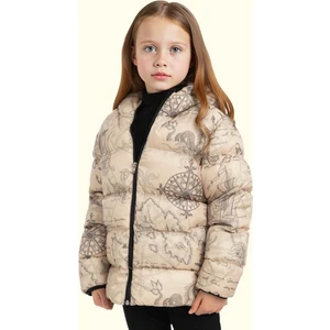 Kız Çocuk Pusula Desen Polar Su ve Rüzgar Geçirmez Kapüşonlu Şişme Kışlık Mont