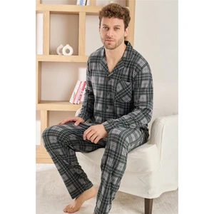 Siyah Ekose Desenli önden Düğmeli Elegant Erkek pijama takımı