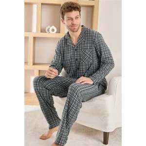 Gri Ekose Desenli önden Düğmeli Elegant Erkek pijama takımı