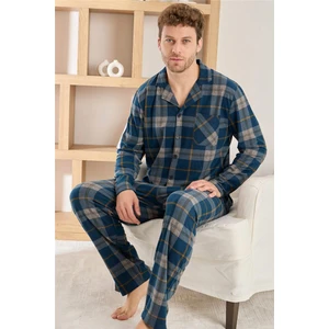 Açık Lacivert Ekose Desenli önden Düğmeli Elegant Erkek pijama takımı