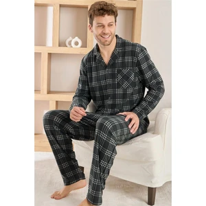 Siyah Ekru Ekose Desenli önden Düğmeli Elegant Erkek pijama takımı