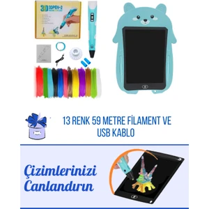 MAVİ 3D Pen Üç Boyutlu Yazıcı Kalem ve Grafik Yazı Tableti Set (59 Metre Filament USB Kablo Dahil)
