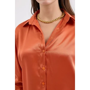 Kadın BDART Saten Uzun Kollu Düğmeli Gömlek Parlak Turuncu