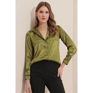Kadın BDART Saten Uzun Kollu Düğmeli Gömlek Haki Yeşil