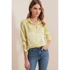 Kadın BDART Saten Uzun Kollu Düğmeli Gömlek Limon Sarısı