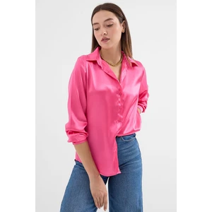 Kadın BDART Saten Uzun Kollu Düğmeli Gömlek Parlak Pembe