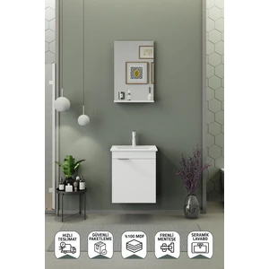 Biani Fix Arya Slım 50 Cm Banyo Dolabı,Seramik Lavabolu,Aynalı,Lavabo Dahil,Mdf,Mat Beyaz