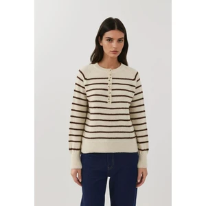 Kadın Çizgili Düğme Yaka Kazak Fildişi Doğal