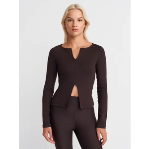 31993 Fermuar Detaylı Uzun Kollu Top-Koyu Kahve