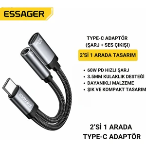 2in1 Type-C Adaptör | 60W Hızlı Şarj + 3.5mm Kulaklık Çıkışı, Hifi Ses ve Hızlı Şarj Adaptörü