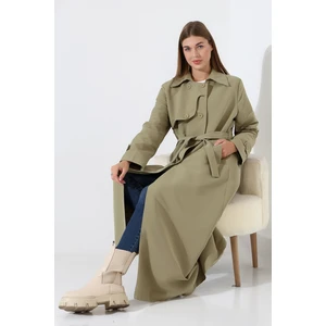 Amazon Keten Kumaş Uzun Boy Düğmeli Astarlı Yumuşak Dokulu Trenç Kot Mint Yeşil