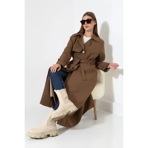 Amazon Keten Kumaş Uzun Boy Düğmeli Astarlı Yumuşak Dokulu Trenç Kot Sütlü Kahve