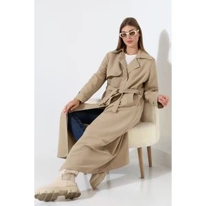 Amazon Keten Kumaş Uzun Boy Düğmeli Astarlı Yumuşak Dokulu Trenç Kot Bej