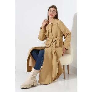 Amazon Keten Kumaş Uzun Boy Düğmeli Astarlı Yumuşak Dokulu Trenç Kot Camel