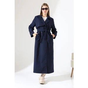 Amazon Keten Kumaş Uzun Boy Düğmeli Astarlı Yumuşak Dokulu Trenç Kot Lacivert