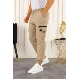Erkek Kargo Cepli Fermuar Detaylı Jogger Krem Paraşüt Pantolon