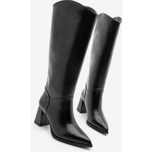 Kadın Sivri Burun Kalın Topuklu Fermuarsız Topuklu Çizme Tines Siyah