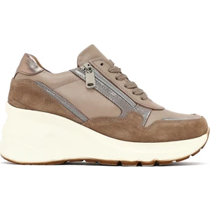 Kadın Vizon Bağcıklı Fermuar Detaylı Dolgu Topuklu Deri Sneaker 25AFD370514