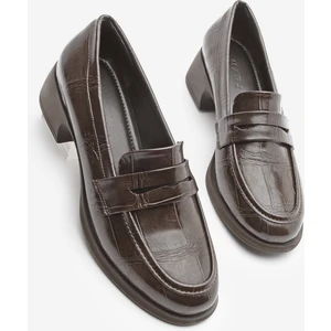 Kadın Loafer Croco Günlük Kalın Topuklu Ayakkabı Nufit Kahve