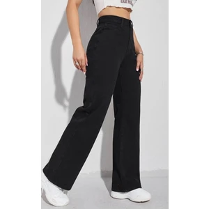 Elliy Simsiyah Likralı Süper Yüksek Bel Salaş Jeans Palazzo Pantolon (Süper Yüksek.) Wide Leg.