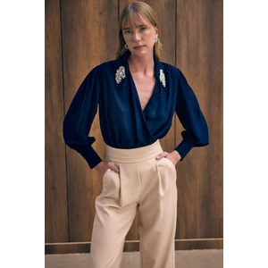 Aksesuar Detaylı Bodysuit Bluz - Lacivert