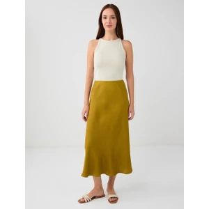 Jimmy Key Yağ Yeşili Normal Bel Dar Kesim Uzun Saten Etek