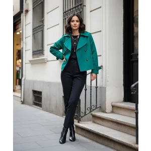 %100 Pamuk Gabardin Astarlı Oversize Geniş Kalıp Kadın Crop Kısa Trençkot 1122