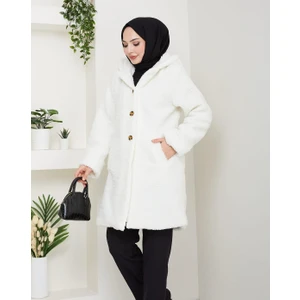 Harma Time Butik Kadın Kürk Kumaş Astarlı Düğmeli Kapüşonlu Beyaz Kaban