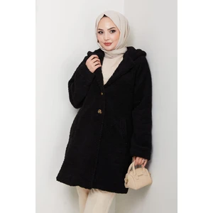 Harma Time Butik Kadın Kürk Kumaş Astarlı Düğmeli Kapüşonlu Siyah Kaban