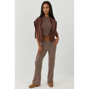Kadın Elastik Bel Yumuşak Dokulu Örme Pantolon Kahve Kahvesi