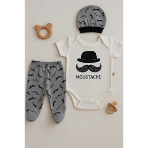 3 Lü Set %100 Pamuk 3-6 / 6-9 / 9-12 Ay Erkek Bebek Bıyıklı Zıbınlı Takım